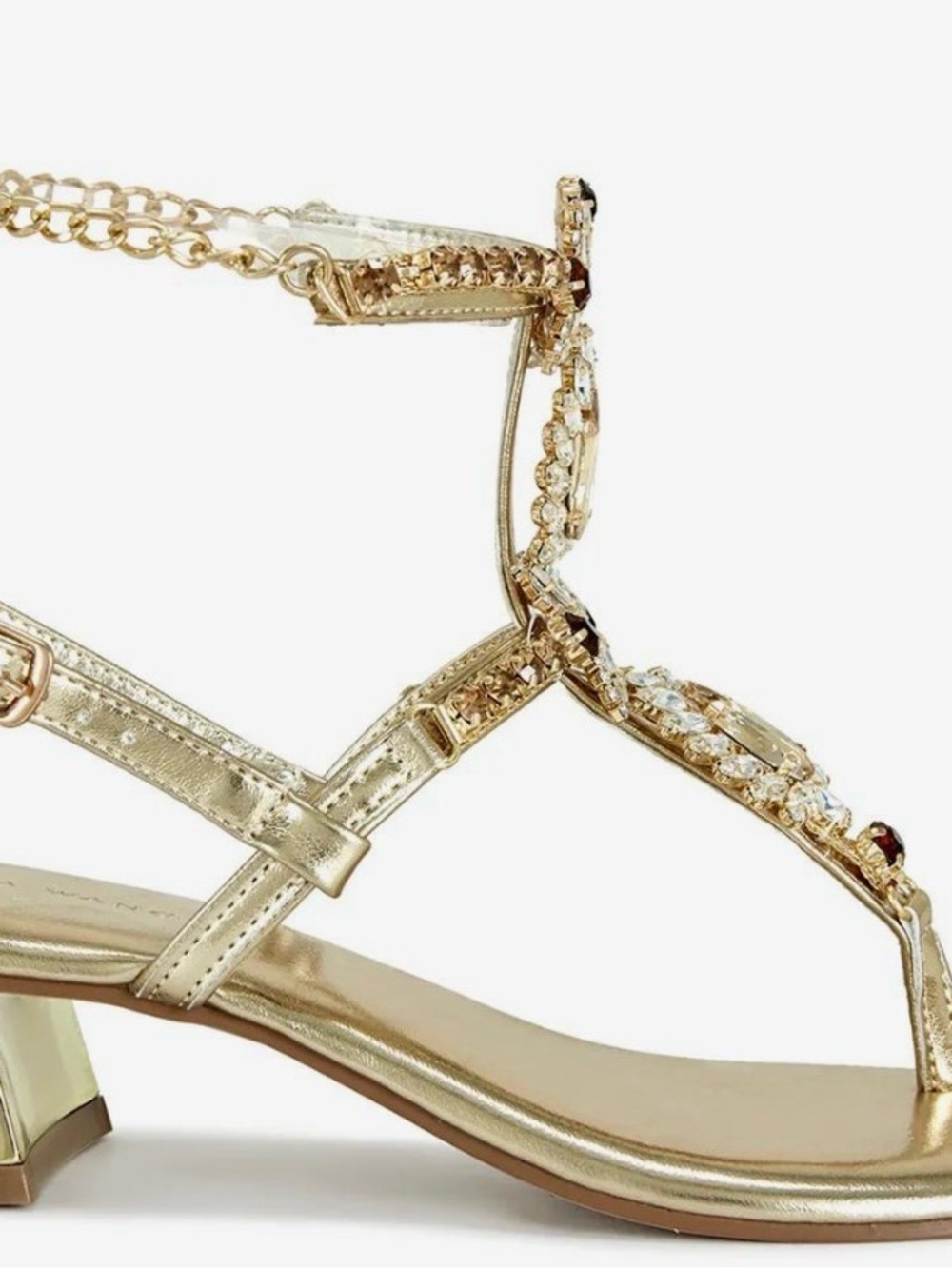 Women's Gold Jeweled T-Strap Sandals with Chain Ankle Strap - Picture 2 of 5